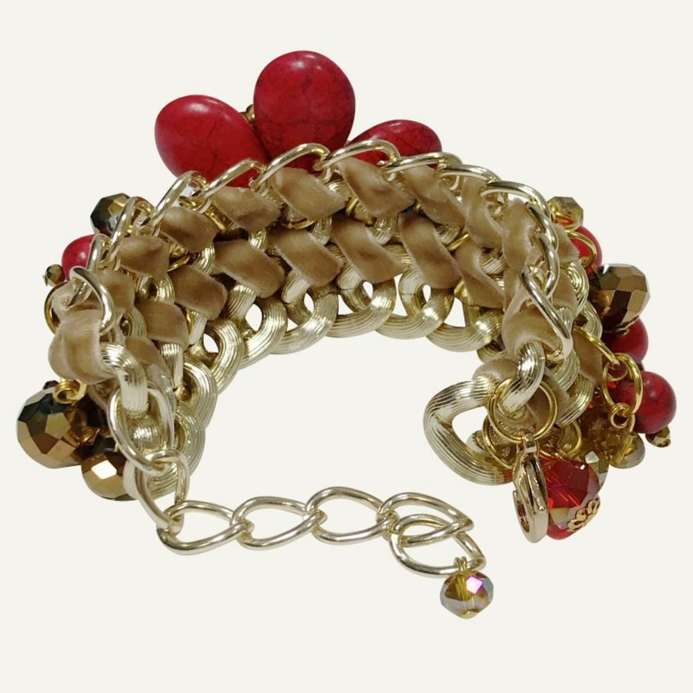 Handmade Red Bracelet Flower Stone Clusters Beads - Picture 6 of 6